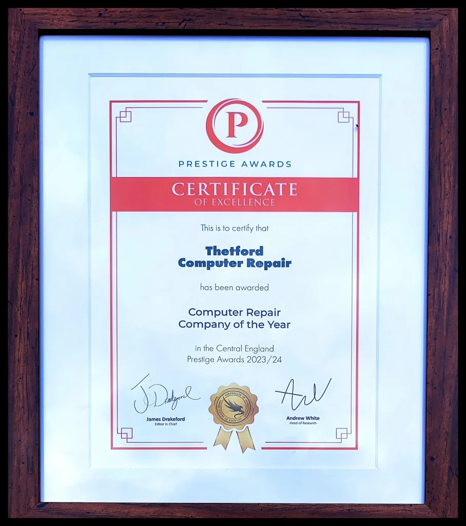 Thetford Computer Repair award certificate, 2023–2024