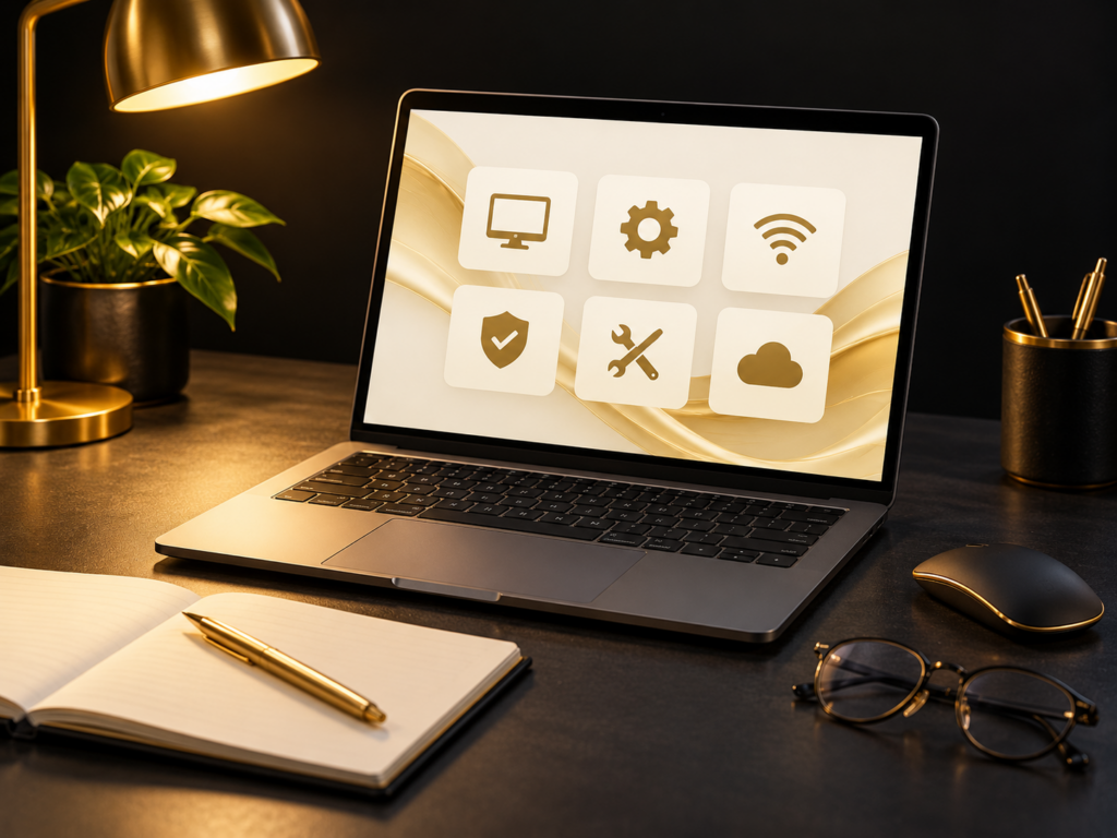Laptop with simple computer icons beside a notebook and reading glasses