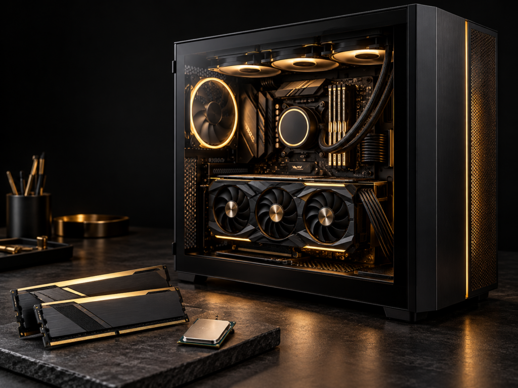 Custom desktop PC with illuminated components, memory and processor