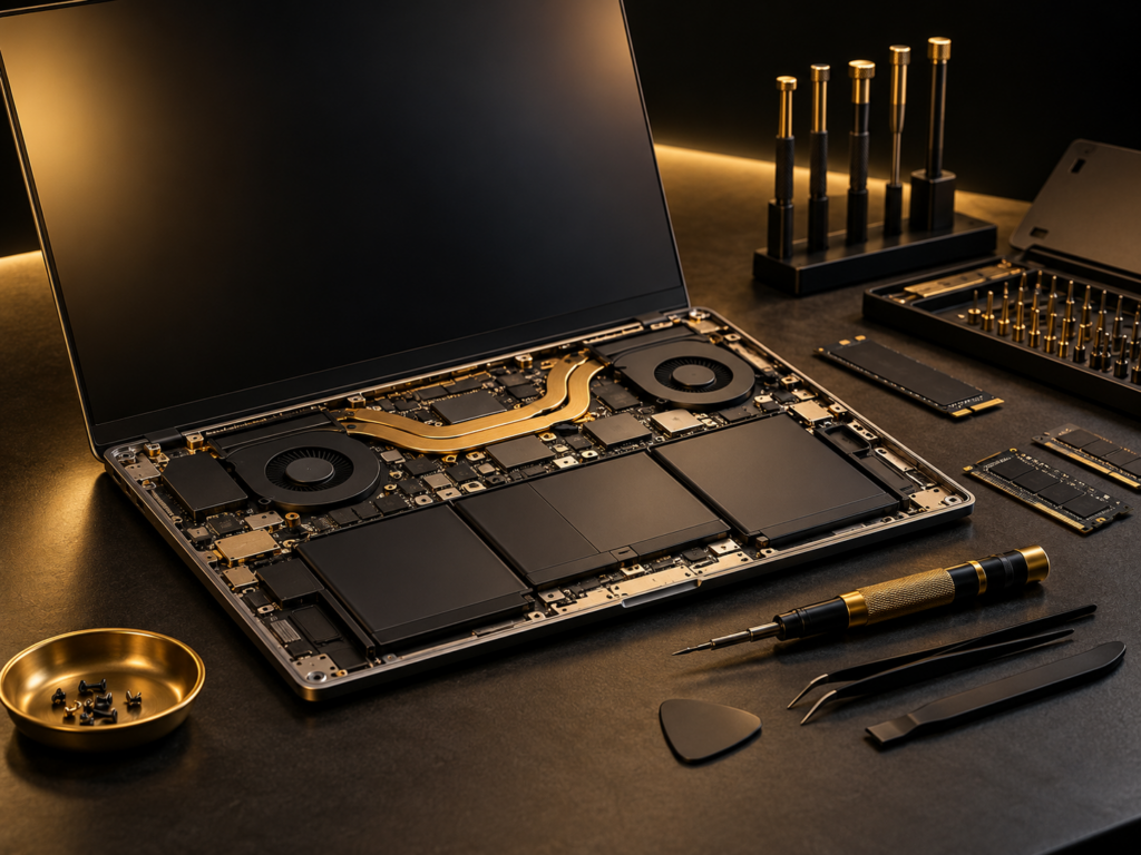 Open laptop with internal components and precision repair tools