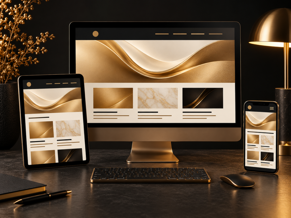 Responsive website layout on a desktop monitor, tablet and phone